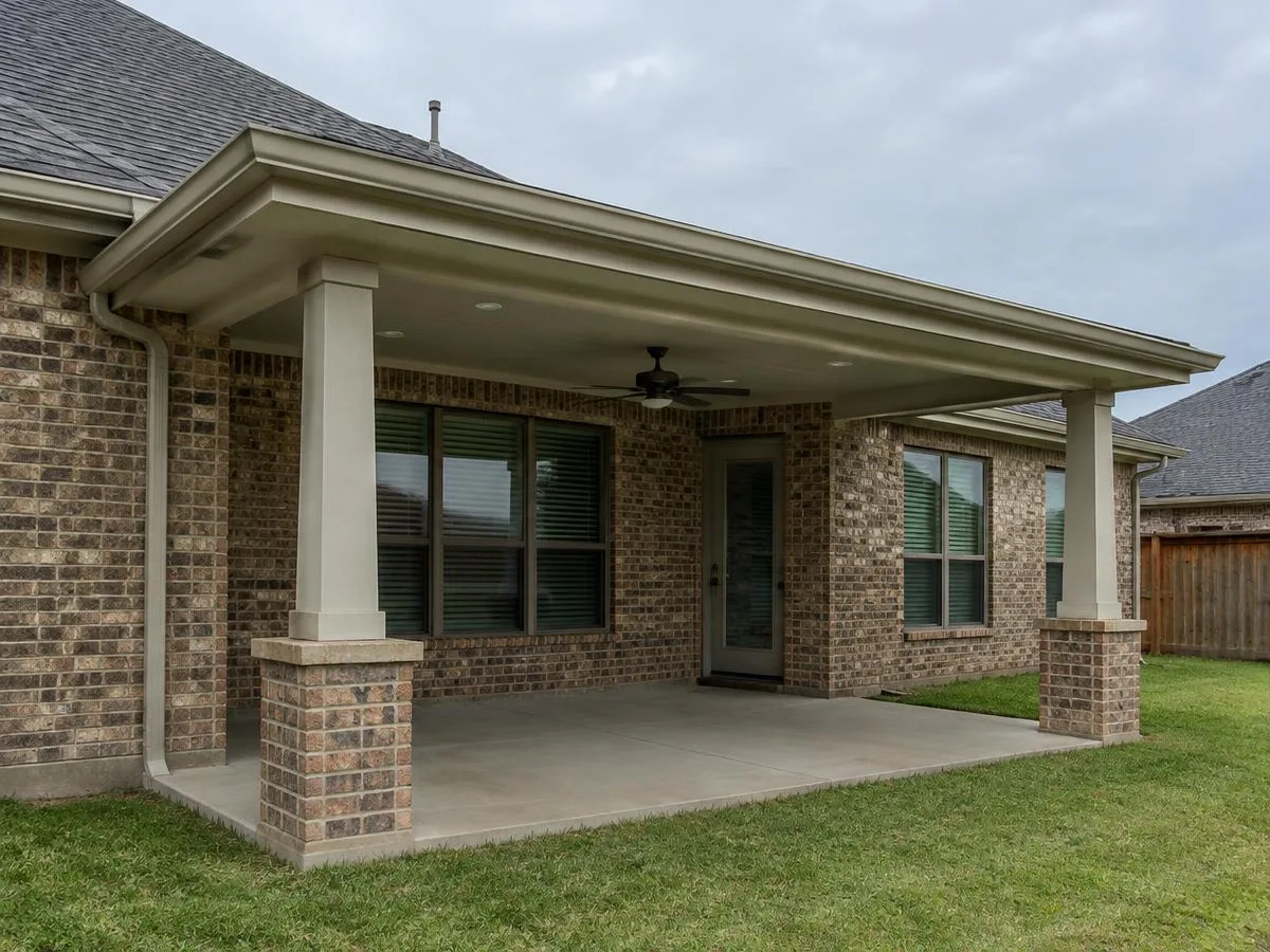 Covered patio roof tied into a pitched shingle roof on a brick home
