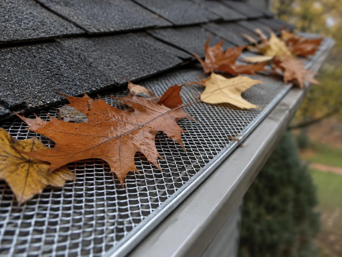 Gutter guard with fallen leaves resting on top
