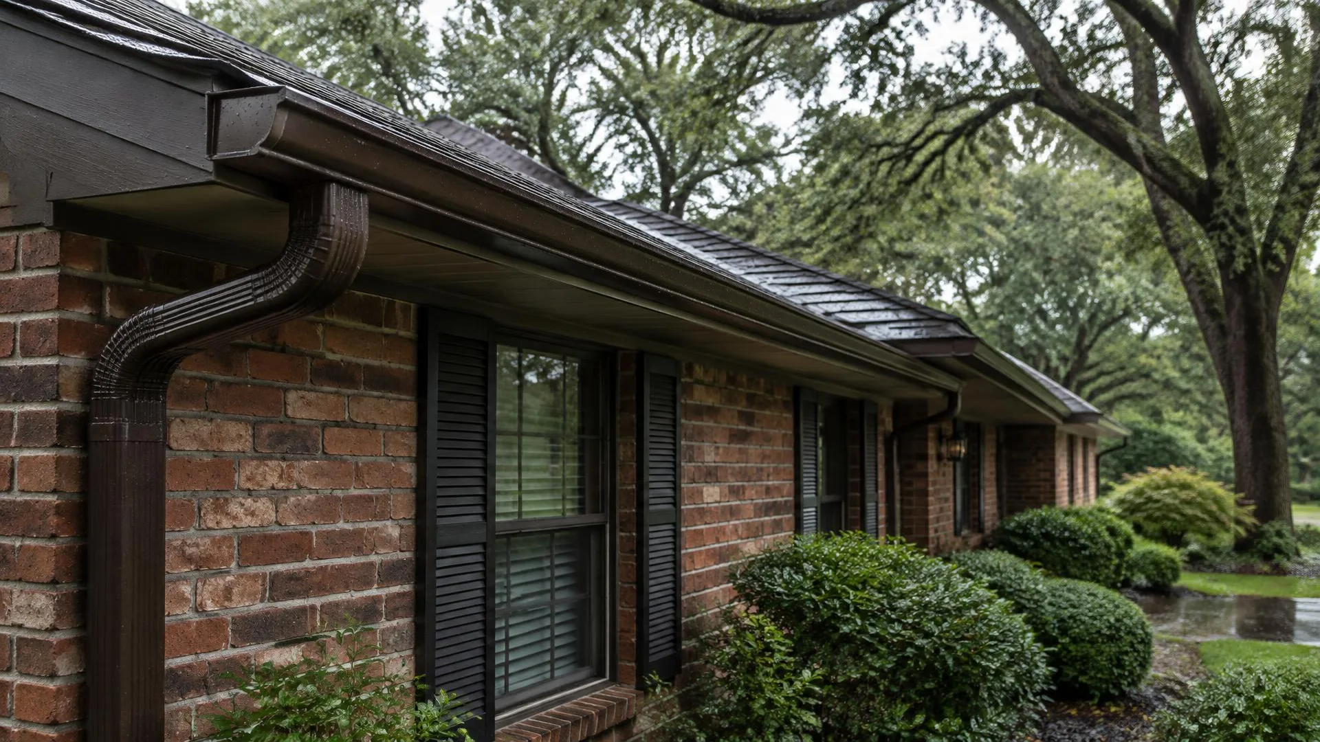 Dark bronze seamless gutters on a red brick home after rain