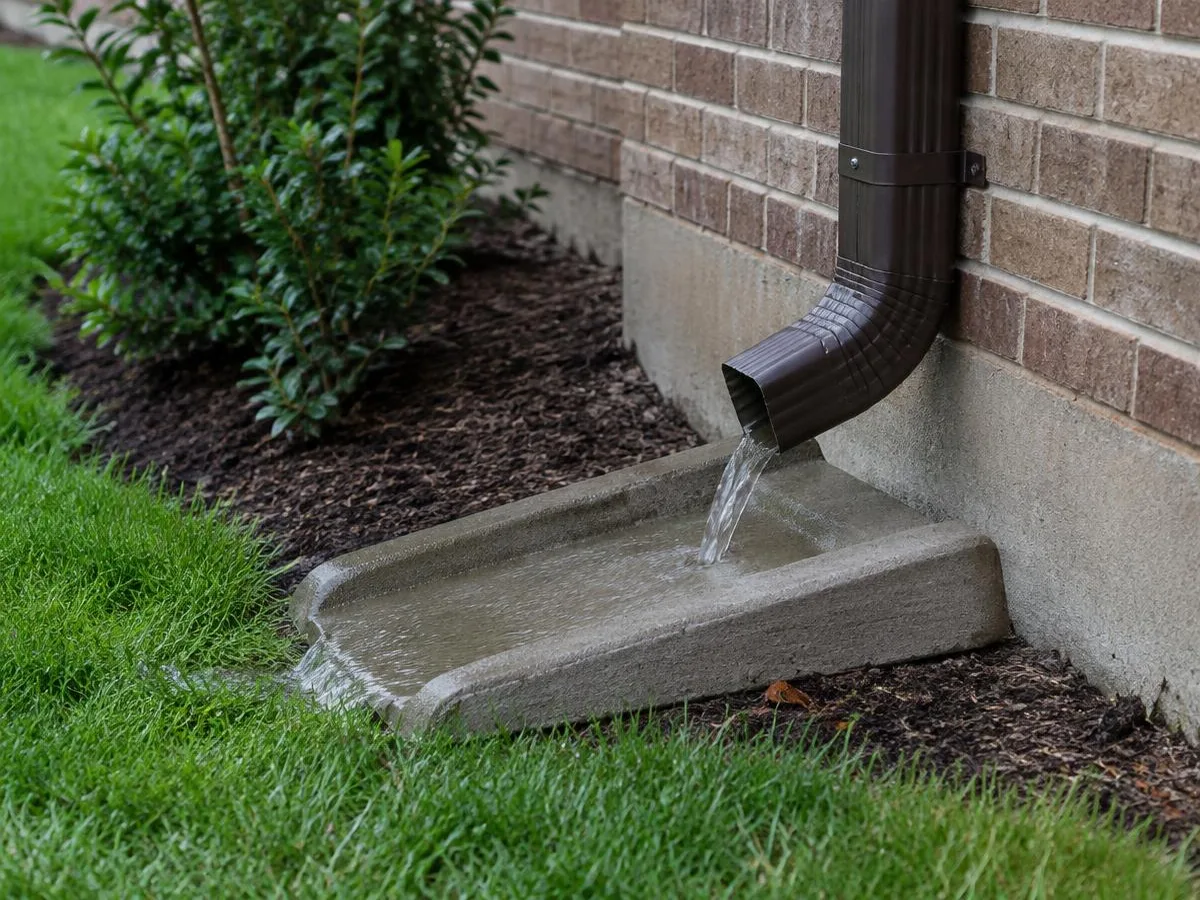 Downspout emptying onto a splash block away from the foundation