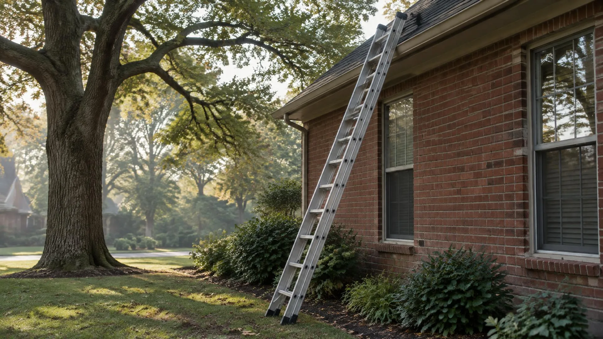 Ladder leaning against the eave of a brick home in morning light