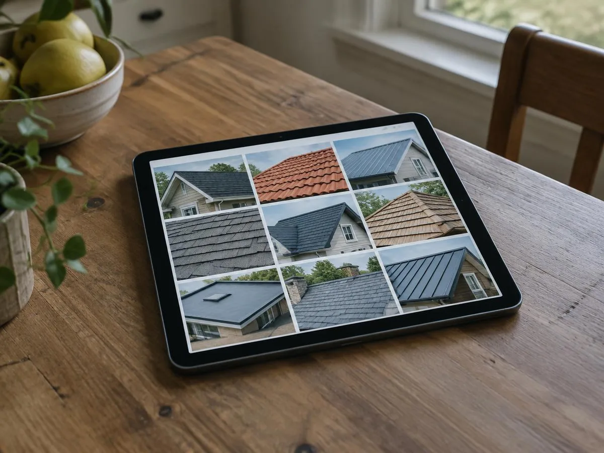 Tablet on a kitchen table showing a grid of roof photos