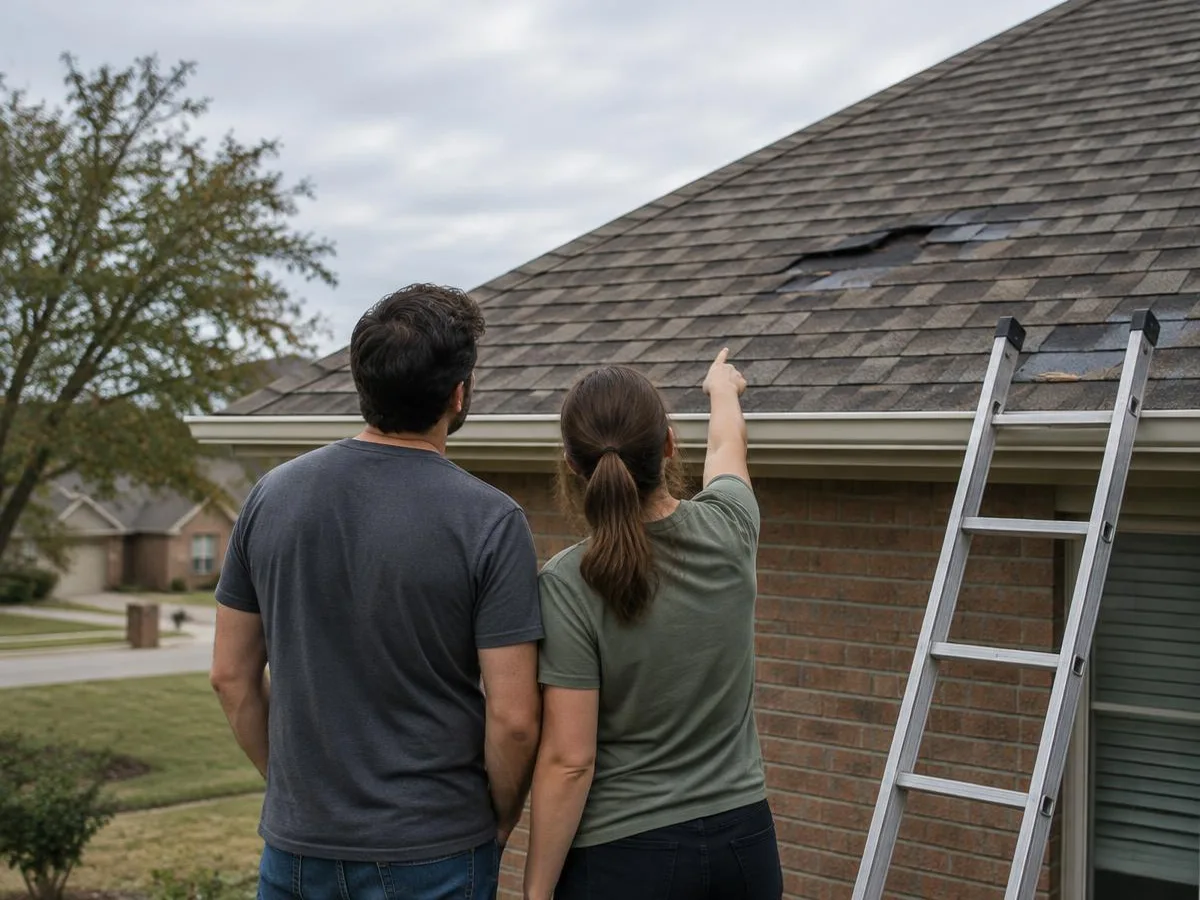 Two people seen from behind looking up at roof damage, with a ladder at the eave