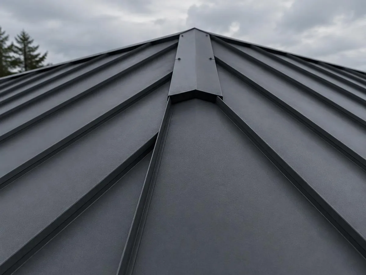 Close-up of charcoal standing-seam metal ribs and the ridge cap