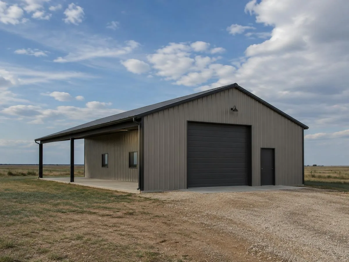 Metal shop building with exposed-fastener panels under a big sky
