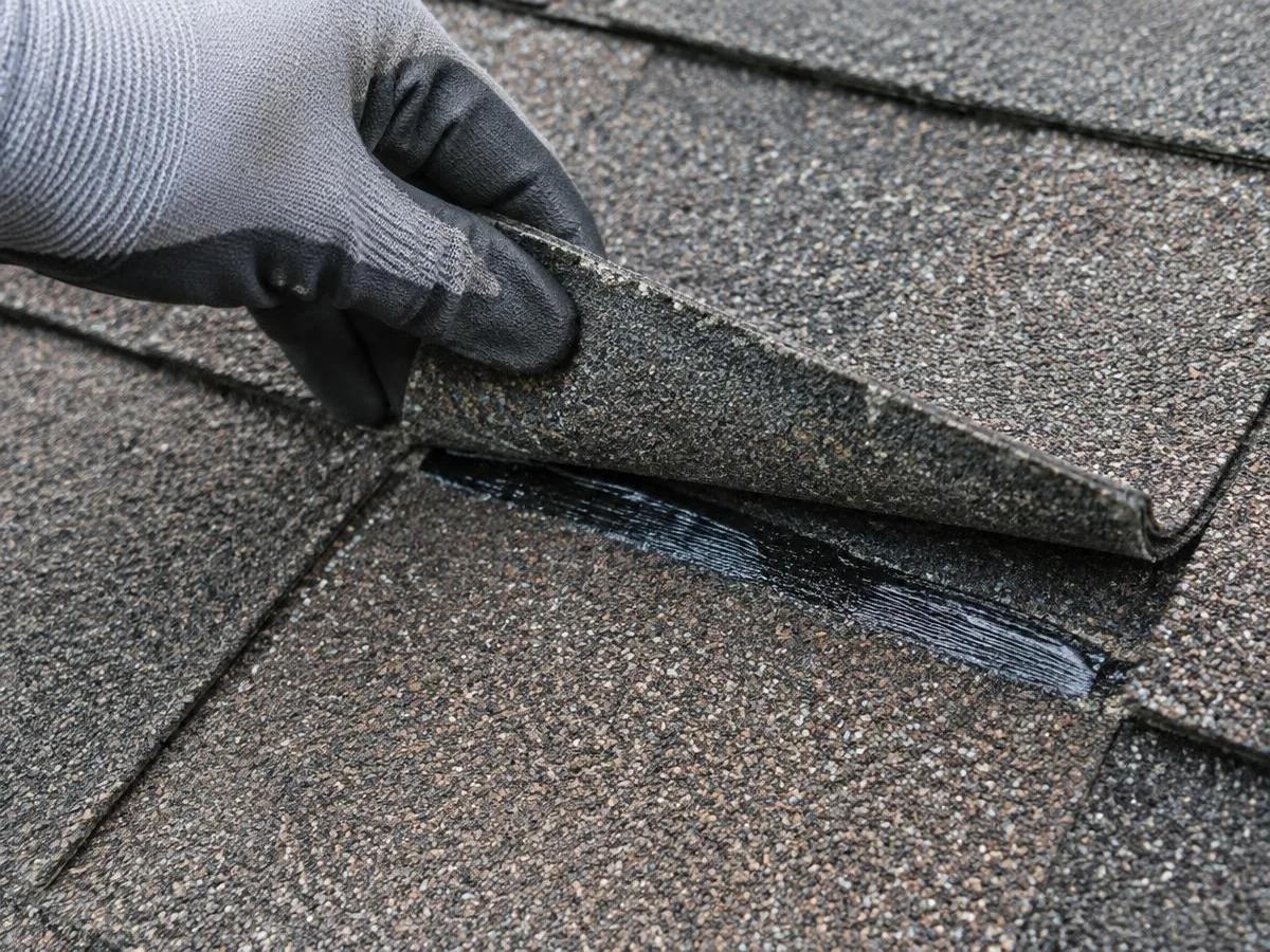 Gloved hand lifting a shingle tab to show the seal strip