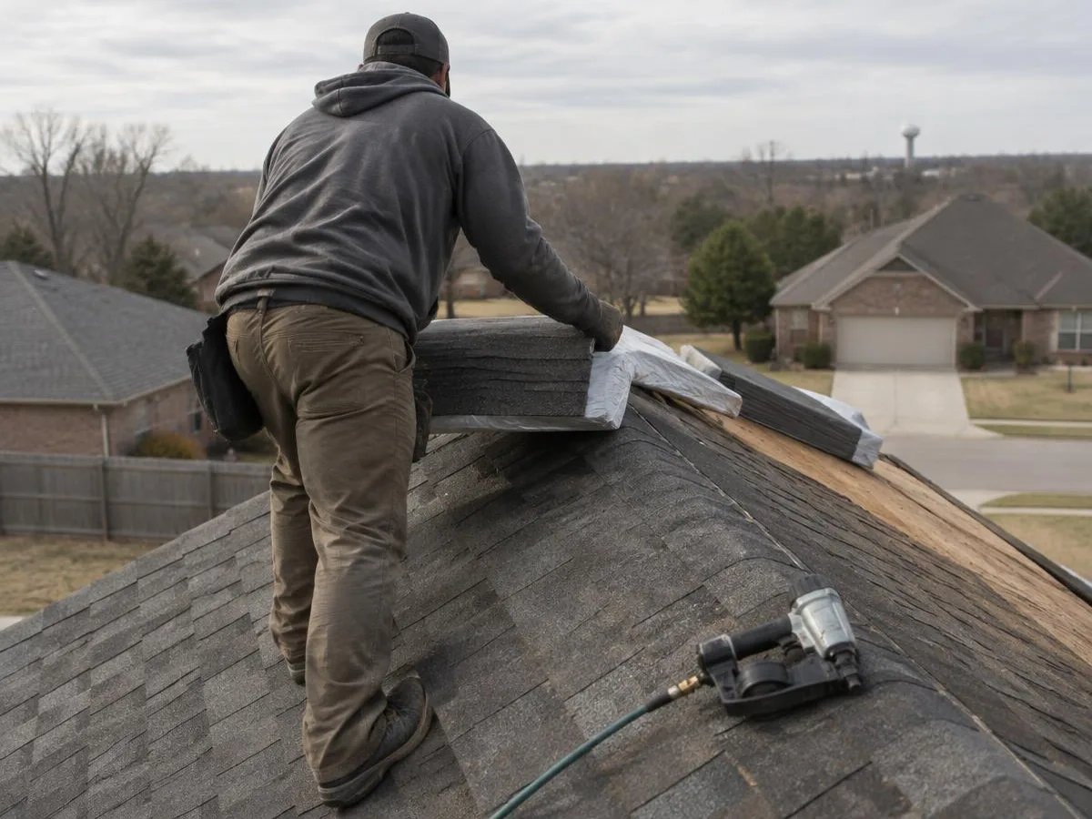 Roofer seen from behind setting a shingle bundle on a ridge, with a nail gun on the roof