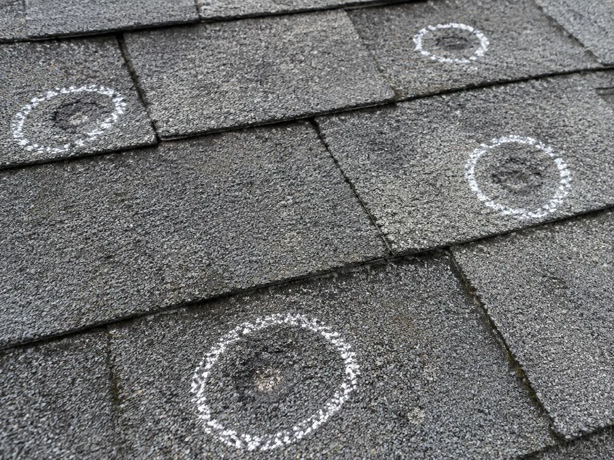 Asphalt shingles with round hail bruises circled in white chalk